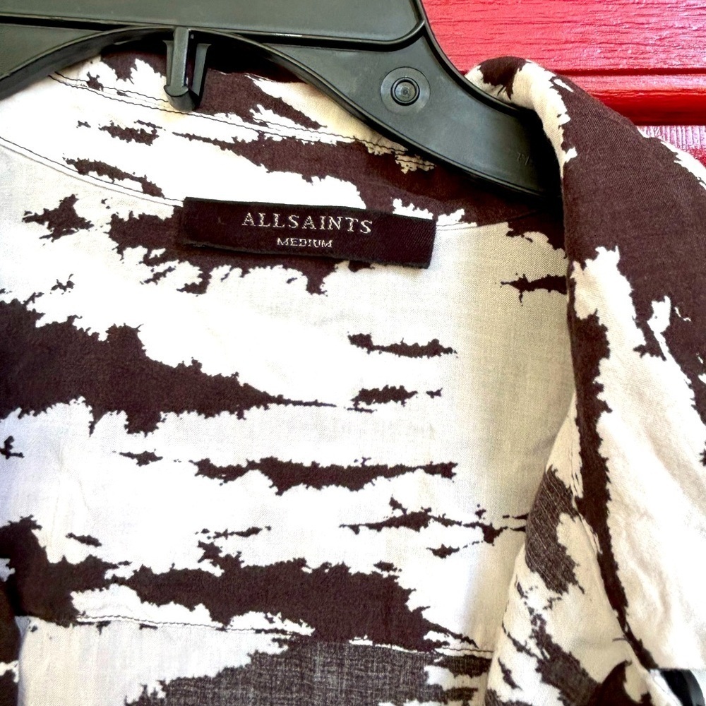 All Saints M viscose tie front animal print lightweight cropped blouse